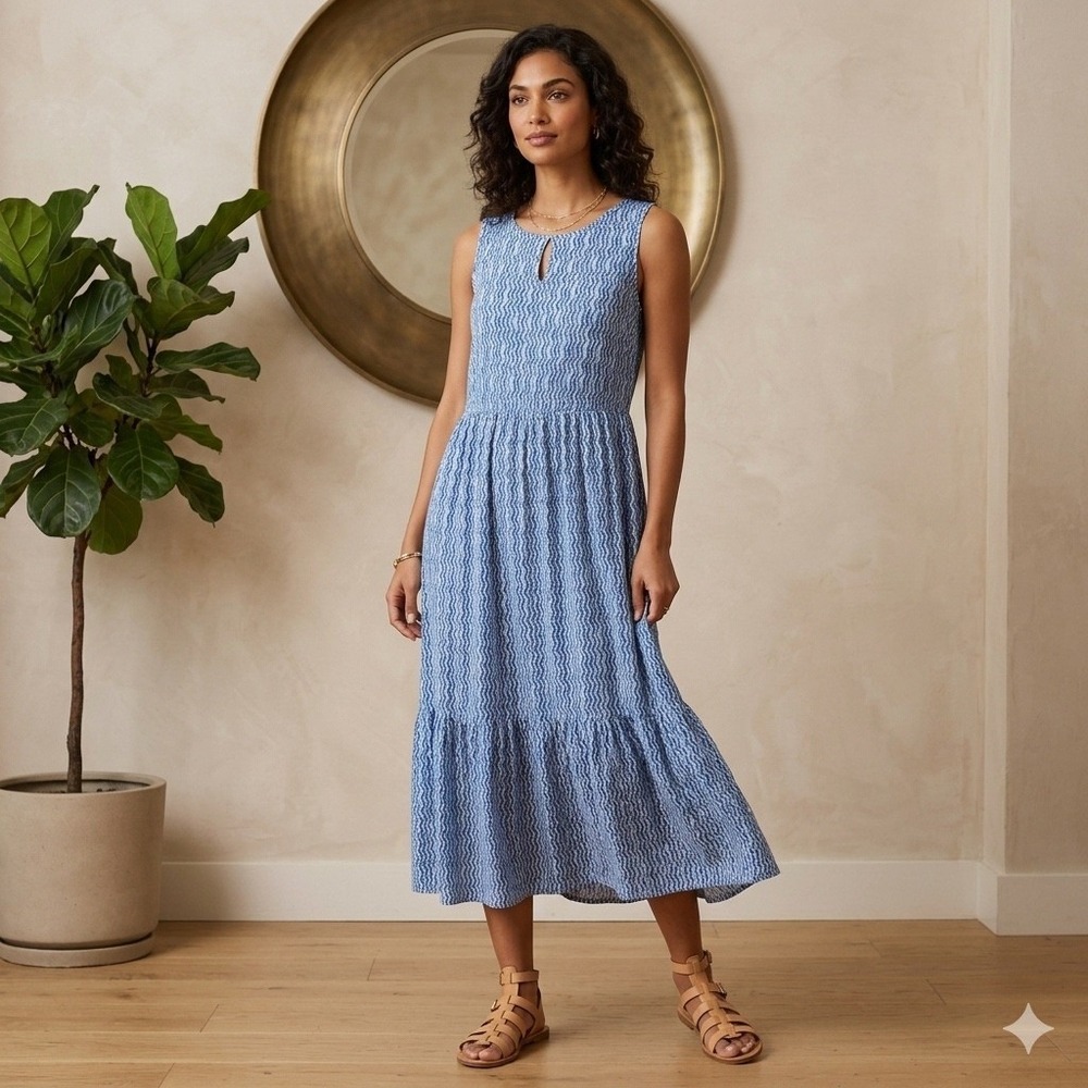 Chicos Blue White Geometric Smocked Maxi Dress Size 1 US 8/10‎ Sleeveless Tiered
